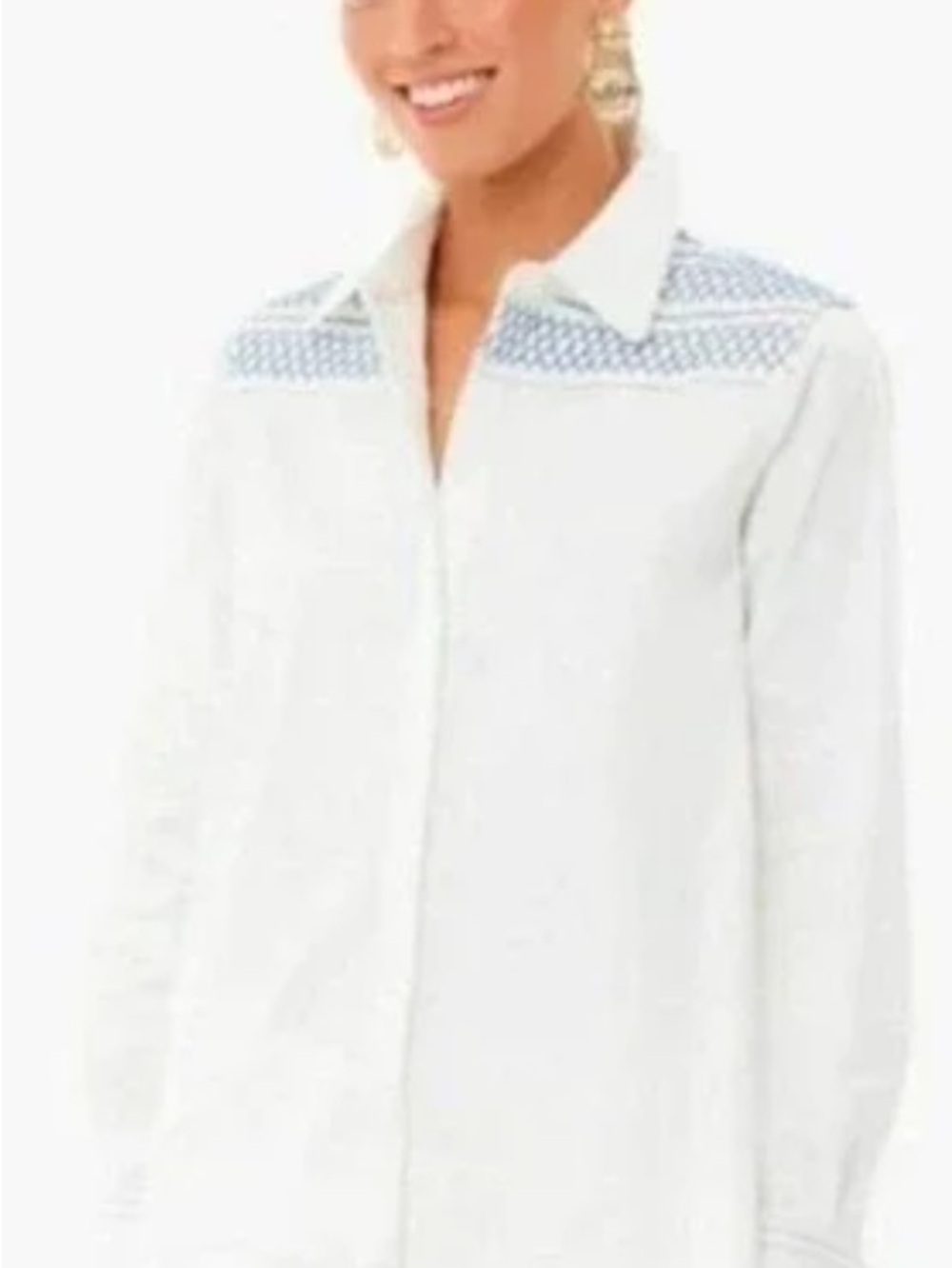 Tuckernuck White Button-Down Shirt with Blue Smocking